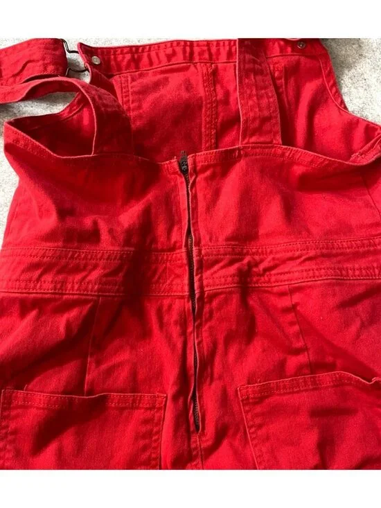 Dickies Red Denim Overall Dress With Raw Hemline Straps & Pockets - Womens Small - Picture 3 of 5